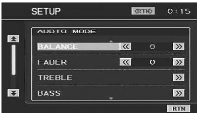 SETUP AUDIO MODE BALANCE FADER TREBLE BASS RTN 0:15