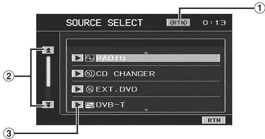 SOURCE SELECT RADIO CD CHANGER EXT.DVD DVB-T RTN 0:13 ① ② ③