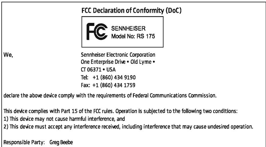 SENNHEISER RS 175 - Déclaration requise par la FCC et l'Industrie Canada - 1