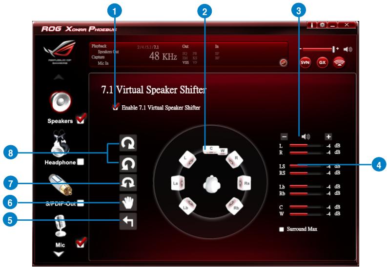 ROG XONAR PHOEBUT Playback Speakers Out Capture Mic In 2/4/5.1/7.1 48 KHz Out DCI RSI VSS VP In BP BP 3 SVN GX 7.1 Virtual Speaker Shifter Enable 7.1 Virtual Speaker Shifter Speakers Headphone S/PDIF-Out Mic L R LS RS Lb Rb C W Surround Max 4 8 7 6 5