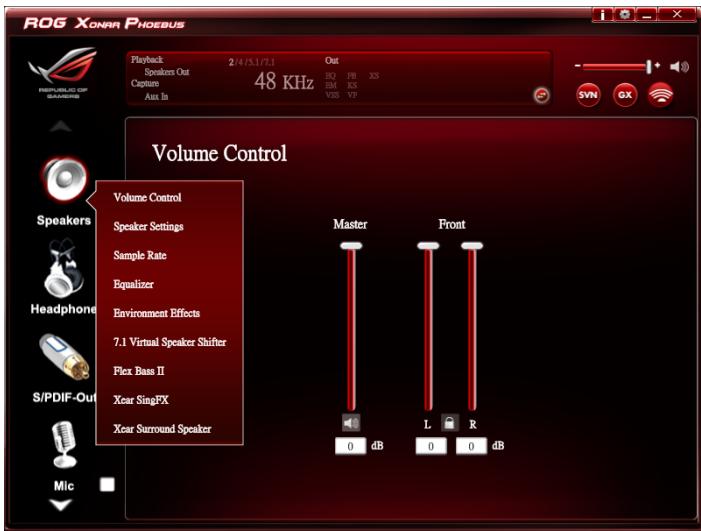 ROG XONAR PHOEBUS Playback 2/4/51/7.1 Out Speakers Out Capture 48 KHz Aux In VSS VP Volume Control Volume Control Speaker Settings Sample Rate Equalizer Environment Effects 7.1 Virtual Speaker Shifter Flex Bass II Xear SingFX Xear Surround Speaker Master Front 0 dB L R 0 0 dB