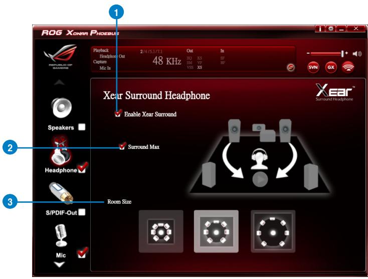 ROG Xonar Phoenix Playback Headphone Out 2/4/5.1/7:1 Out In Capture 48 KHz Mic In VSS XS Xear Surround Headphone Enable Xear Surround Surround Max Room Size Speakers Headphone S/PDIF-Out Mic