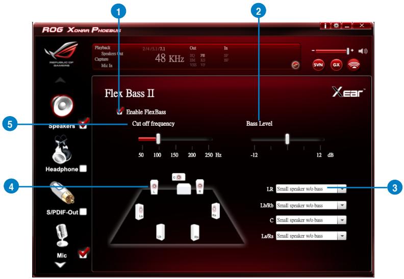 ROG XONAR Phoenix 1 Playback Speakers Out Capture Mic In 2/4/15.1/7.1 48 KHz Out RF EM VSS PV In RF RF RF SVM GX Flex Bass II Enable FlexBass Cut off frequency Speaker Headphone S/PDIF-Out Mic Bass Level -12 12 dB LR Small speaker w/o bass Lb/Rb Small speaker w/o bass C Small speaker w/o bass Lc/Rs Small speaker w/o bass