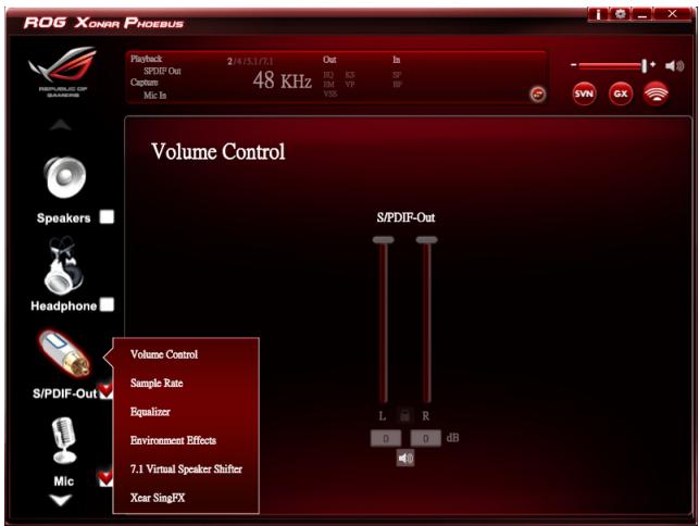 ROG XONAR PHOEBUS Playback 2/4 (5.1/7.1) Captrate 48 KHz Mic Is Out Is IRQ KS SF EM VP VDD VDD Volume Control S/PDIF-Out Volume Control Sample Rate Equalizer Environment Effects 7.1 Virtual Speaker Shifter Xear SingFX L R 0 0 dB