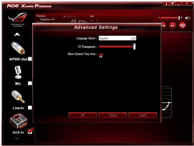 ROG XONAR PHOEBUS Playback 2/4/5.3/7.1 Out Headphone Out Out A/R VUZ BQ ICS Advanced Settings Language Select: English UI Transparent: Show System Tray Icon: OK Cancel Apply S/PDIF-Out Mic Line-In AUX-In