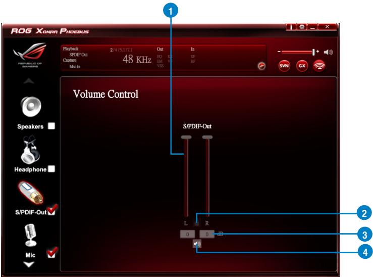 ROG XONAR PHOEBUS Playback 2/4/5.3/7.1 Out In SPDIF Out Capture 48 KHz EM VSS Mic In Volume Control S/PDIF-Out Speakers Headphone S/PDIF-Out Mic L R 0 0 dB 2 3 4