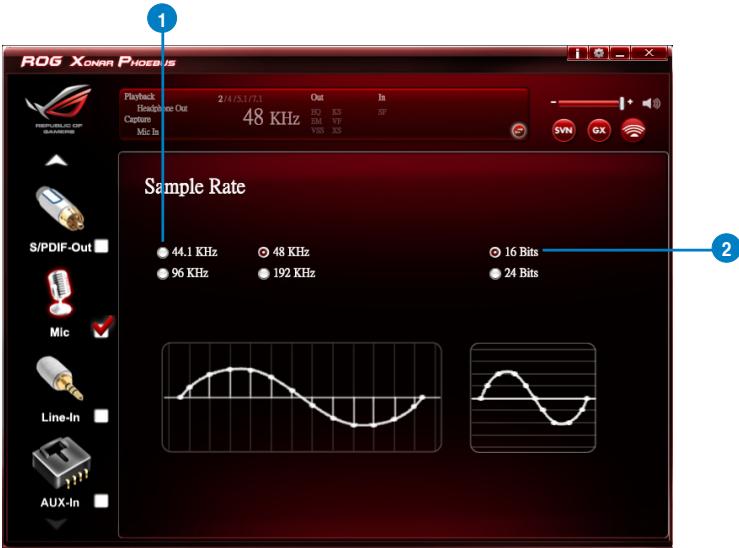 ROG XONAR PHOENIS Flashback Headphone Out 2/4/5.1/7.1 Out In Capture 48 KHz IN XS SF Mic In VM VP VSS XS Sample Rate S/PDIF-Out 44.1 KHz 48 KHz 16 Bits 96 KHz 192 KHz 24 Bits Mic ✓ Line-In AUX-In