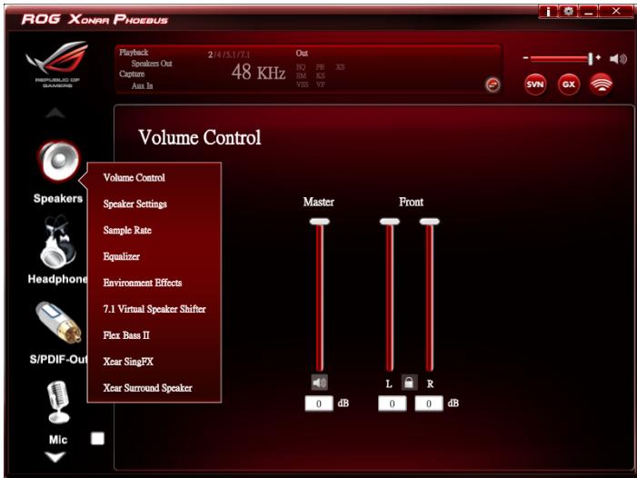 ROG XONAR Pioebus Playback 2/4/5.1/7.1 Out Speakers Out Capture 48 KHz Aux In VSS VF Volume Control Volume Control Speaker Settings Sample Rate Equalizer Environment Effects 7.1 Virtual Speaker Shifter Flex Bass II Xcar SingFX Xcar Surround Speaker Master Front 0 dB L R 0 0 0 dB