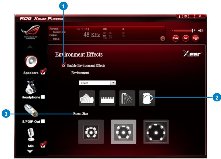 ROG XONAR PHOEBUS Playback Speakers Out Capture Mic In 2/4/15/1/7.1 48 KHz Out PF BM VS In SP RF Environment Effects Enable Environment Effects Environment Default Room Size