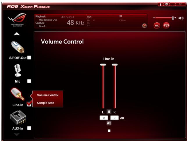 ROG XONAR PHOEBUS Playback 2/4/5.1/7.1 Out Headphone Out EM XS PCEBv4 Capture 48 kHz KS Line In VF Volume Control S/PDIF-Out Mic Line-In Volume Control Sample Rate Line-In L R 0 0 dB AUX-In