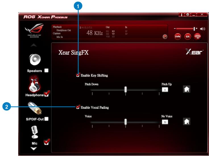 ROG Xonar Phoenix Playback Headphone Out Capture Mic In 2/4/5.1/7.1 Out 3QI ES BP VSM XS In 48 KHz Xear SingFX Enable Key Shifting Pitch Down Pitch Up 0 Enable Vocal Rading Voice No Voice 50 Speakers Headphone S/PDIF-Out Mic