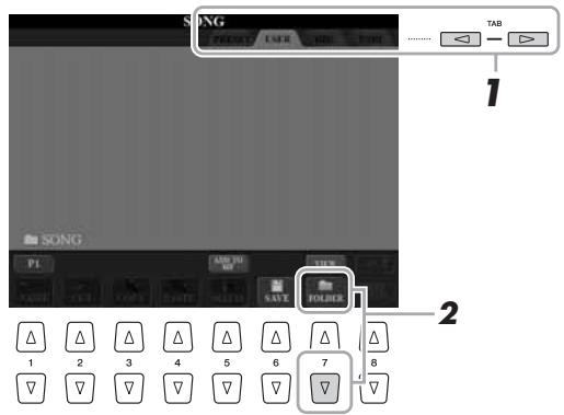 YAMAHA TYROS 4 - Dans l'écran file selection, sélectionnez l'onglet (USER, HD ou USB) sur lequel vous souhaitez sauvegarder les données, à l'aide des touches TAB [▲][▶]. - 1