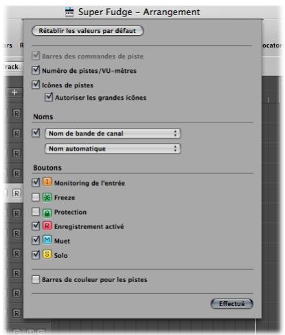 APPLE LOGIC EXPRESS 8 - Pour déterminer les éléments affichés dans l'en-tête de piste : - 1
