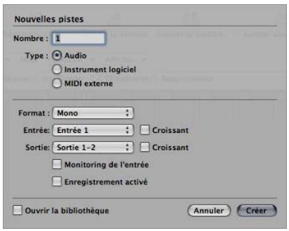 APPLE LOGIC EXPRESS 8 - Options de création de pistes audio dans la zone de dialogue nouvelles pistes - 1