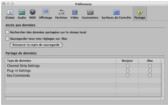 APPLE LOGIC EXPRESS 8 - Pour ouvrir la fenêtre des préférences partage, effectuez l'une des opérations suivantes : - 1