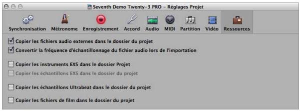 APPLE LOGIC EXPRESS 8 - Pour ouvrir les réglages de projet ressources, effectuez l'une des opérations suivantes: - 1