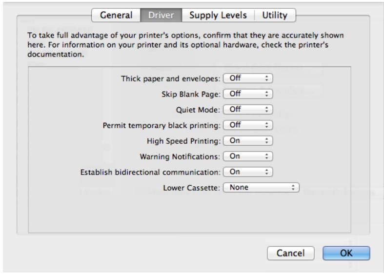 Configuration des paramètres de fonctionnement pour le pilote de l'imprimante Mac OS X 1