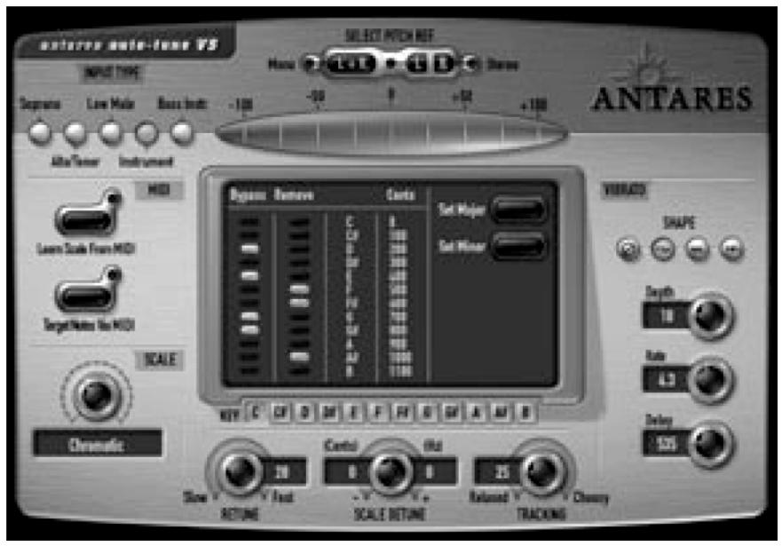 ANTARES auto-tuning VS SELECT PITCH RED INPUT TYPE Menu -100 -50 +50 +100 Supress Low Mode Base Instr Alta/Tower Instrument MIDI Learn Scale From MIDI Target Noise Use MIDI SCALE Chromatic WERSICO SHAPE Depth 18 Rate 1.3 Delay 520 Output Control B R Scale RETURE Retained Tracking