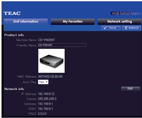 TEAC CDP800NT - Saisissez l'adresse IP de cette unité dans le champ d'adresse URL du navigateur internet. - 1