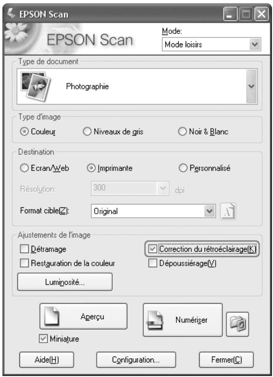 EPSON ACULASER CX21NF - Mode loisirs: cliquez sur la case à cocher correction de rétroéclairage. - 1