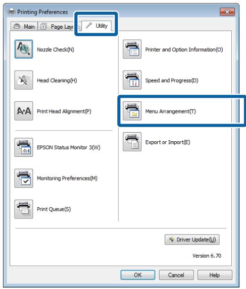 EPSON SC-P600 - Accédez à l'onglet utility (utilitaire), puis cliquez sur menu arrangement (disposition du menu). - 1
