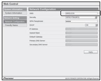 PIONEER XW-SMA3-W - Si vous utilisez une connexion LAN sans fil, entrez l'identifiant SSID du routeur, puis sélectionnez la rubrique "security" sur le routeur. - 1