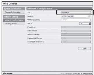 PIONEER XW-SMA4-K - Si vous utilisez une connexion LAN sans fil, entrez l'identifiant SSID du routeur, puis sélectionnez la rubrique "security" sur le routeur. - 1