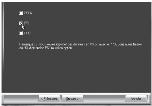 SHARP 6020 - Lorsque la fenêtre de sélection du pilote d'imprimante apparait, décochez la case "PCL6", sélectionnez le pilote d'imprimante que vous souhaitez installer, puis cliquez sur le bouton "suivant". - 1