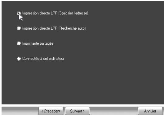 SHARP 6020 - Au moment d'indiquer la méthode de connexion de l'imprimante, sélectionnez "impression directe LPR (spécifier l'adresse)" et cliquez sur le bouton "suivant". - 1
