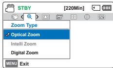 STBY [220Min] Zoom Type ✓ Optical Zoom Intelli Zoom Digital Zoom MENU Exit