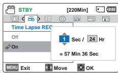 STBY [220Min] Time Lapse REC Off On 1 Sec / 24 Hr = 57 Min 36 Sec MENU Exit Move OK