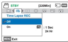 STBY [220Min] Time Lapse REC Off On : 1 Sec 24 Hr MENU Exit
