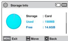 Storage Info Storage : Card Used : 190MB Free : 14.6GB MENU Exit Move Back