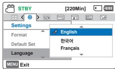 STBY [220Min] Settings Format Default Set Language English 한국어 Français MENU Exit