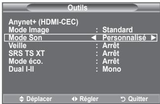 Outils Anynet+ (HDMI-CEC) Mode Image : Standard Mode Son ← Personalisé ► Veille : Arrêt SRS TS XT : Arrêt Mode éco. : Arrêt Dual I-II : Mono Déplacer Régier Quitter