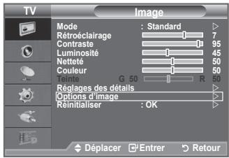 TV Image Mode : Standard Rétroéclairage 7 Contraste 95 Luminosité 45 Nettété 50 Couleur 50 Tensils G 50 R Réglages des détails Options d'image Réaliser : OK Déplacer Enterr Retour