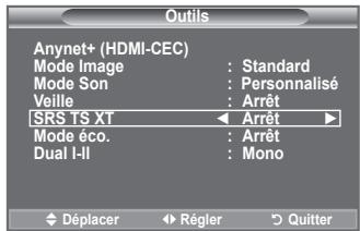 Outils Anynet+ (HDMI-CEC) Mode Image : Standard Mode Son : Personnalisé Veille : Arrêt SRS TS XT ← Arrêt ► Mode éco. : Arrêt Dual I-II : Mono Déplacer Régler Quitter