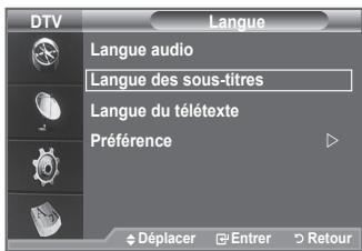 DTV Langue Langue audio Langue des sous-titres Langue du télétexte Préférence Déplacer Entrer Retour