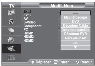 TV Modif. Nom Ext.1 Ext.2 AV S-Viséo Composant PC HDMI1 HDMI2 HDMI3 Magnetoscope DVD Décodeur Câble Décodeur satellite Décodeur PVR Récepteur AV Jeu Déplacer Entrer Retour