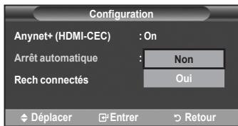 Configuration Anynet+ (HDMI-CEC) : On Arrêt automatique : Non Rech connectés : Oui Déplacer Entrer Retour