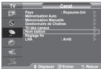 TV Canal Pays : Royaume-Uni Mémorisation Auto Mémorisation Manuelle Gestionnaire de Chaines Tri des canaux Nom station Réglage fin LNA : Arrêt Déplacer Enterr Retour