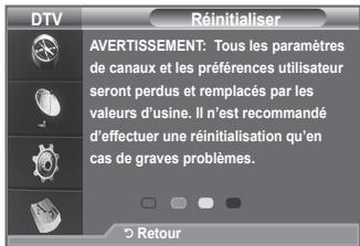 DTV Réinitialiser AVERTISSEMENT: Tous les paramètres de canaux et les préférences utilisateur seront perdus et remplacés par les valeurs d'usine. Il n'est recommandé d'effectuer une réinitialisation qu'en cas de graves problèmes. > Retour