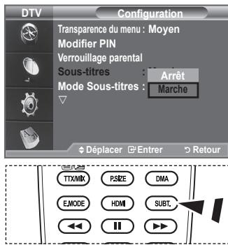 DTV Configuration Transparence du menu : Moyen Modifier PIN Verrouillage parental Sous-titres : Arrêt Mode Sous-titres : Marche Déplacer Entrer Retour TTX/MX PSIZE DMA EMODE HDMI SUBT. ← ← →