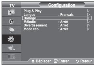 TV Configuration Plug & Play Langue : Français Horloge Mélodie : Arrêt Divertissement : Arrêt Mode éco. : Arrêt Déplacer Entrer Retour