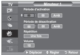TV Minuteur 1 Période d'activation 00 : 00 Arrêt Période de désactivation 00 : 00 Arrêt Répétition Une fois Volume 10 Déplacer Régler Retour
