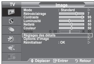 TV Image Mode : Standard Retroéclairage 7 Contraste 95 Luminosité 45 Nettets 50 Couleur 50 Réglages des détails Options d'image Réinitialiser : OK Déplacer Entrer Retour