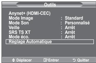 Outils Anynet+ (HDMI-CEC) Mode Image : Standard Mode Son : Personnalisé Veille : Arrêt SRS TS XT : Arrêt Mode éco. : Arrêt Réglage Automatique Déplacer Entrer Quitter