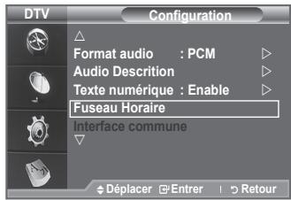 DTV Configuration Format audio : PCM Audio Descriton Texte numérique : Enable Fuseau Horaire Interface commune Déplacer Entrer Retour