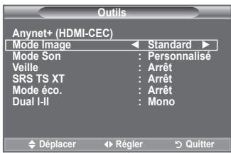 Outils Anynet+ (HDMI-CEC) Mode Image Standard ▶ Mode Son : Personnalisé Veille : Arrêt SRS TS XT : Arrêt Mode éco. : Arrêt Dual I-II : Mono Déplacer Régler Quitter