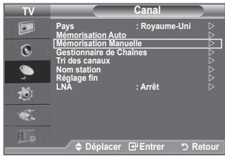 TV Canal Pays : Royaume-Uni Mémorisation Auto Mémorisation Manuelle Gestionnaire de Chaines Tri des canaux Nom station Réglage fin LNA : Arrêt Déplacer Entrer Retour